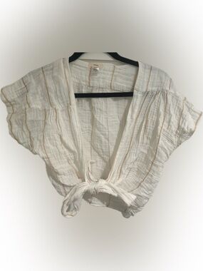 Eberjey White Crop Top with Tan Stripes and Tie Front large